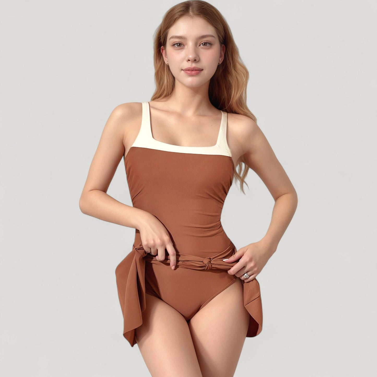 Anna-Kaci Women's Square Neck Swim Dress with Contrast Trim and Side Bow Skirt Overlay