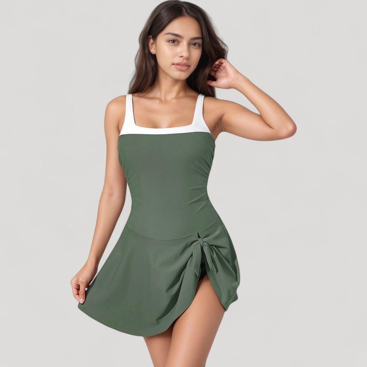 Anna-Kaci Women's Square Neck Swim Dress with Contrast Trim and Side Bow Skirt Overlay