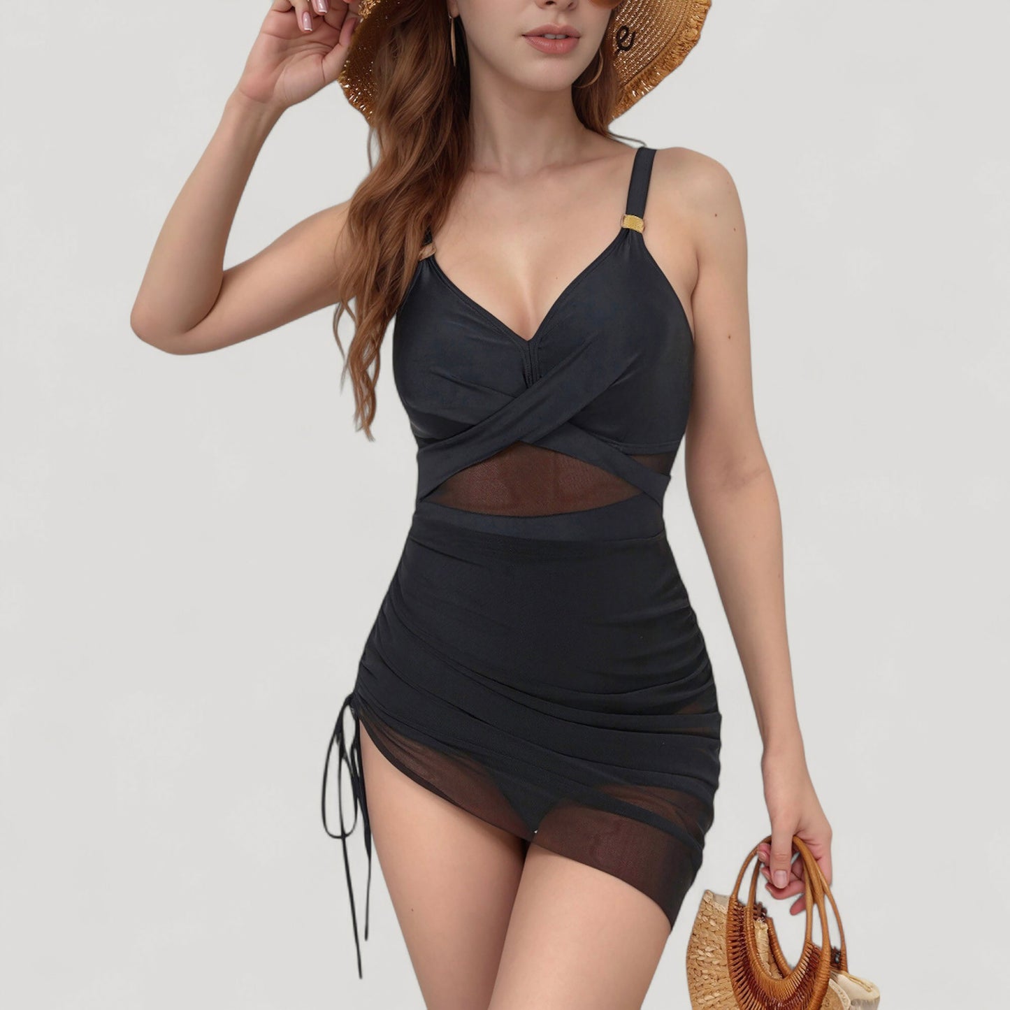 Anna-Kaci Women's Ruched One Piece Swim Dress with Mesh Waist Detail and Adjustable Side Drawstring