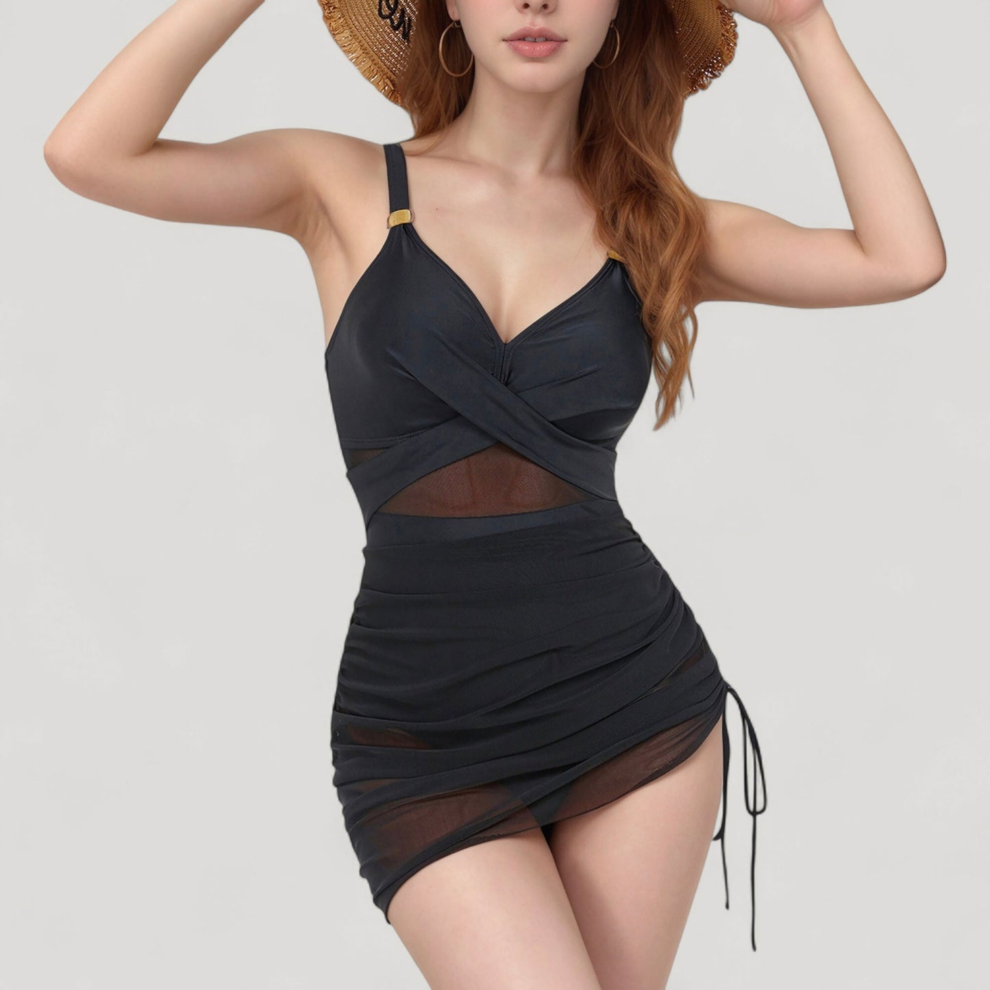 Anna-Kaci Women's Ruched One Piece Swim Dress with Mesh Waist Detail and Adjustable Side Drawstring