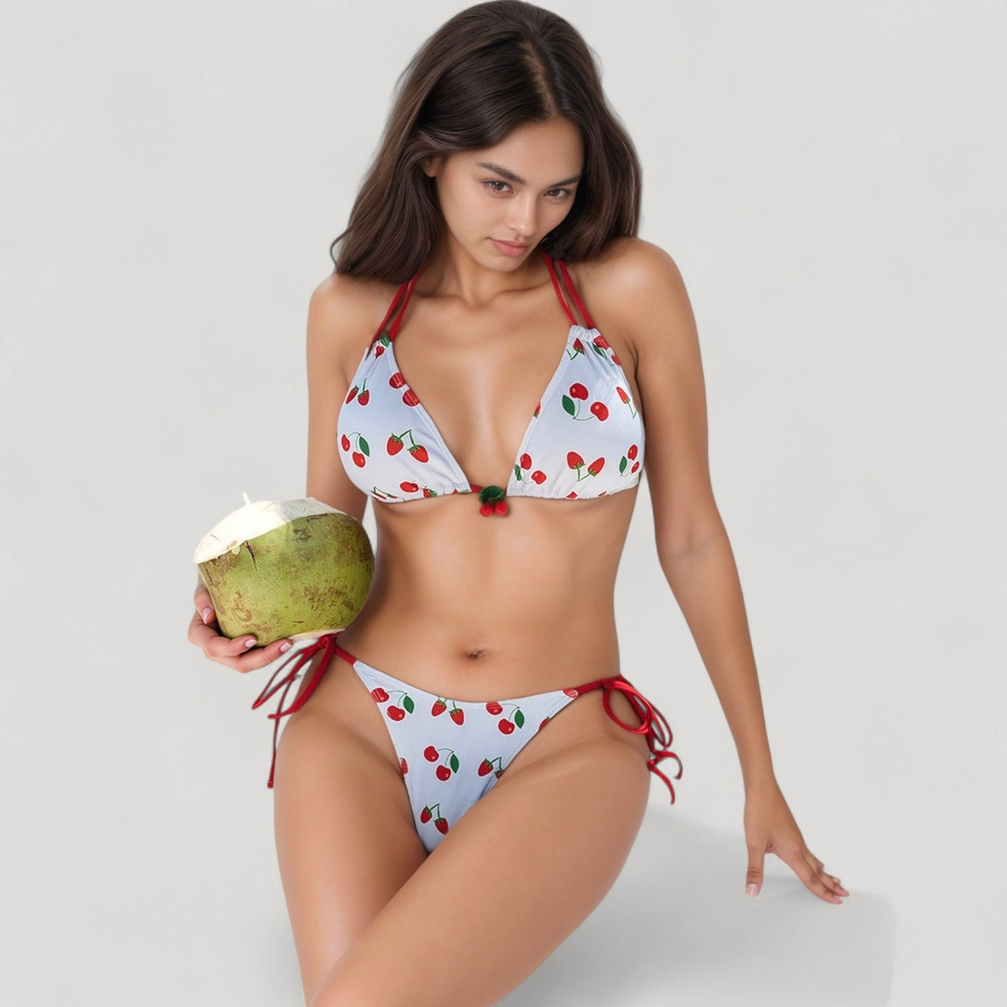 Anna-Kaci Women's Cherry Print Triangle Bikini Set with Ruched Cups and Red Tie Side Bottoms