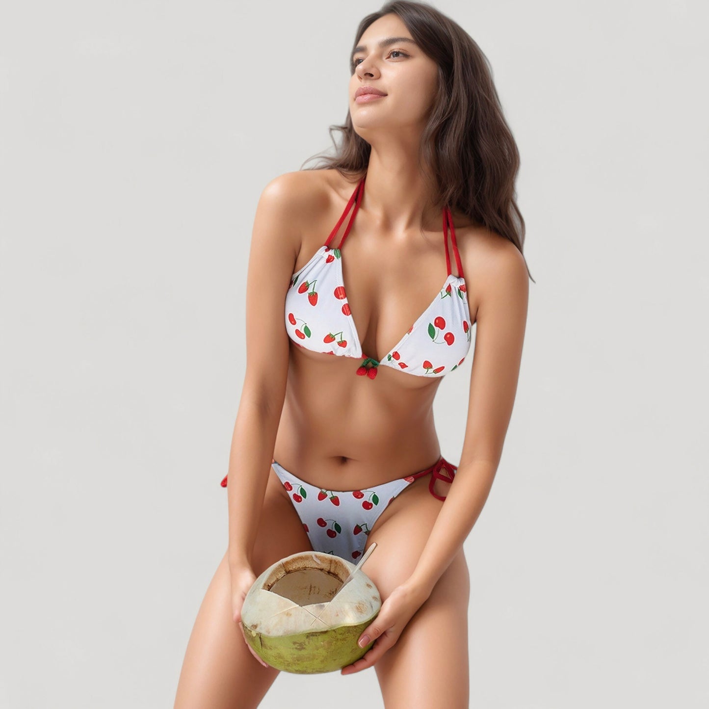 Anna-Kaci Women's Cherry Print Triangle Bikini Set with Ruched Cups and Red Tie Side Bottoms