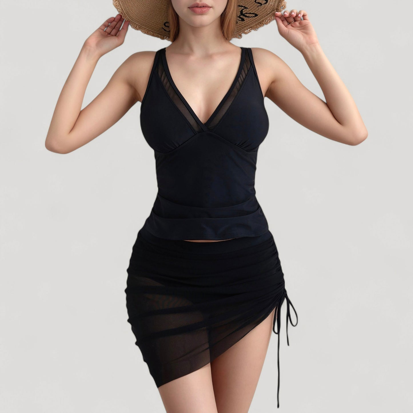 Anna-Kaci Women's Mesh Ruched One Piece Swimsuit Dress with V Neckline and Adjustable Side Drawstring