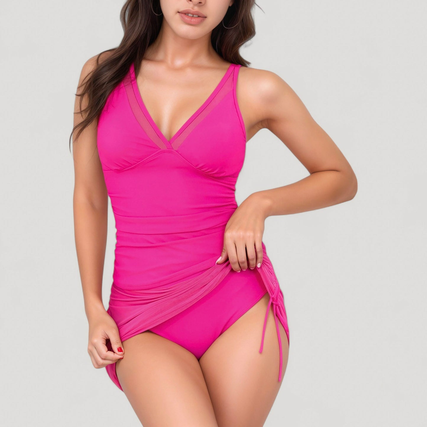 Anna-Kaci Women's Mesh Ruched One Piece Swimsuit Dress with V Neckline and Adjustable Side Drawstring