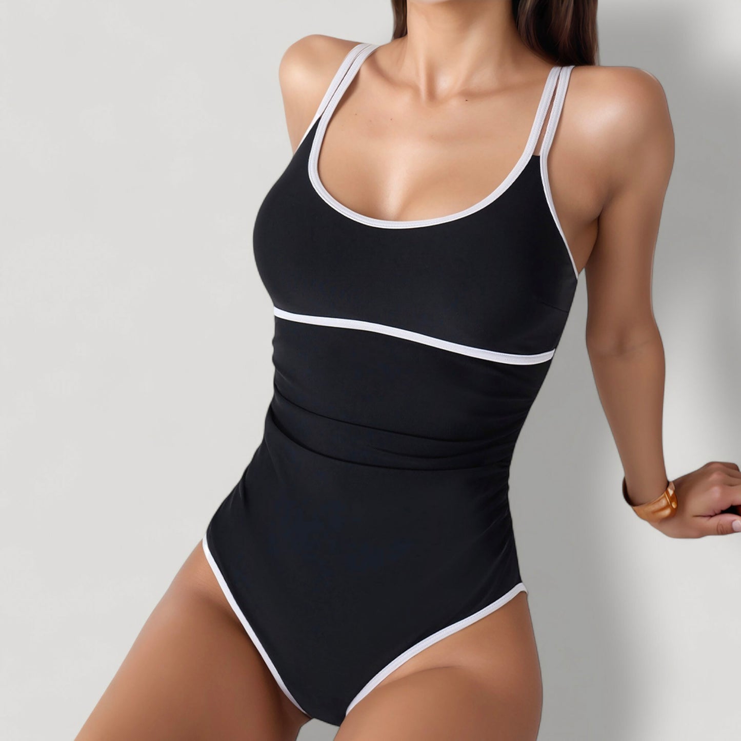 Anna-Kaci Women's One-Piece Swimsuit with Scoop Neck Contrast Trim and Ruched Waist Detail