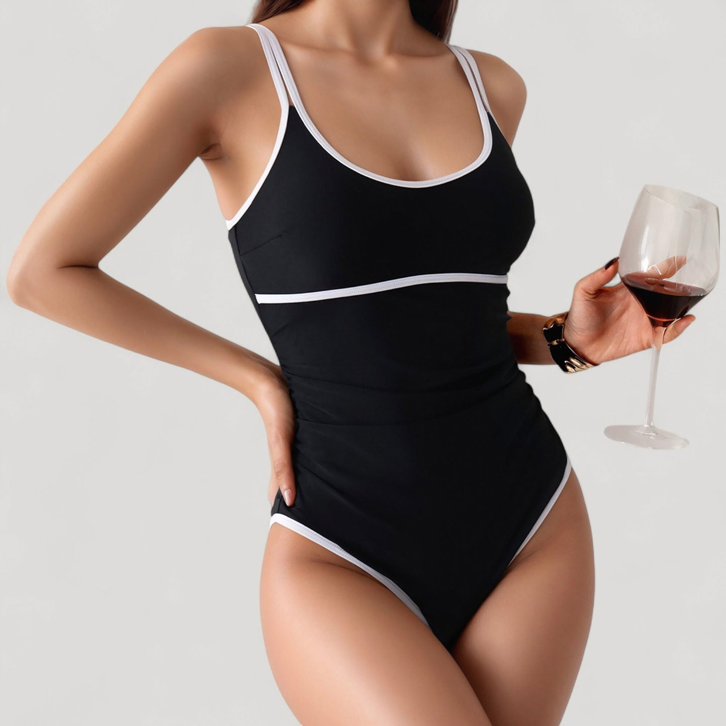 Anna-Kaci Women's One-Piece Swimsuit with Scoop Neck Contrast Trim and Ruched Waist Detail