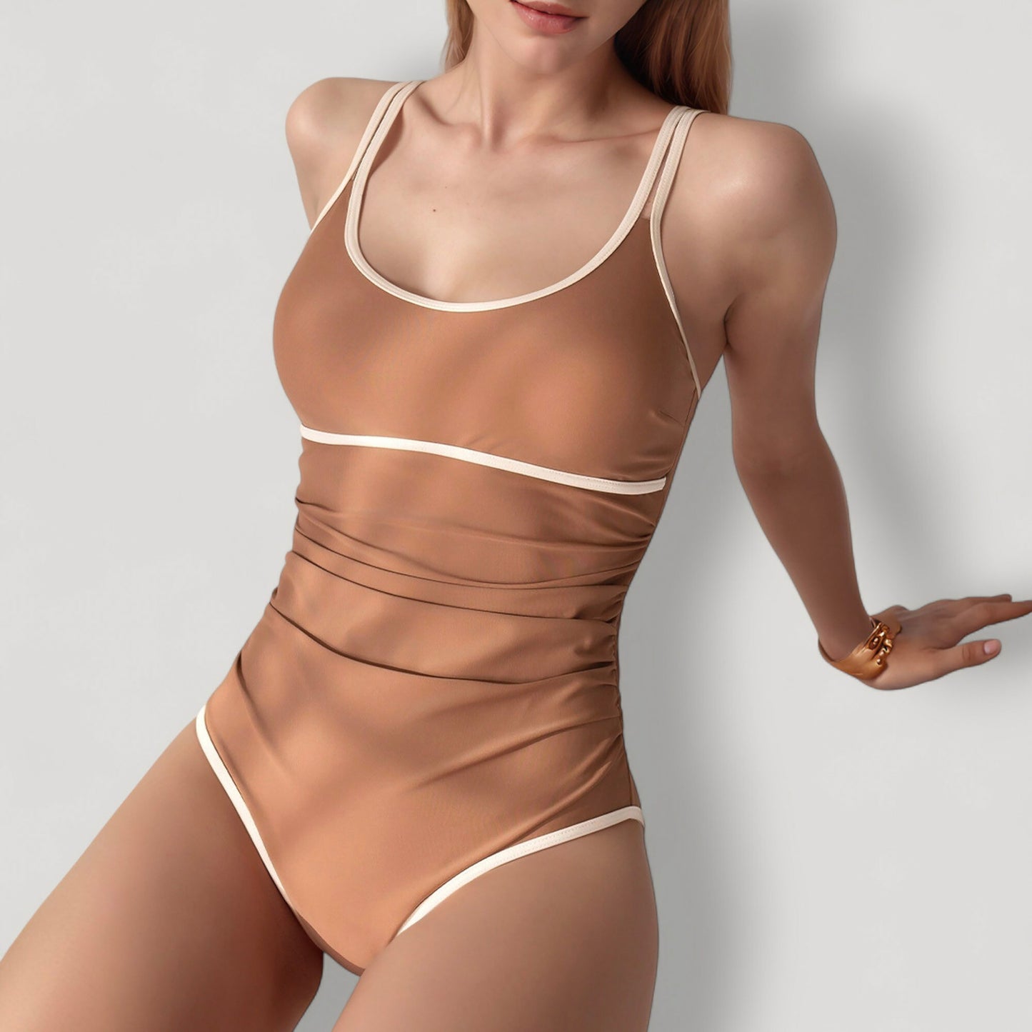 Anna-Kaci Women's One-Piece Swimsuit with Scoop Neck Contrast Trim and Ruched Waist Detail