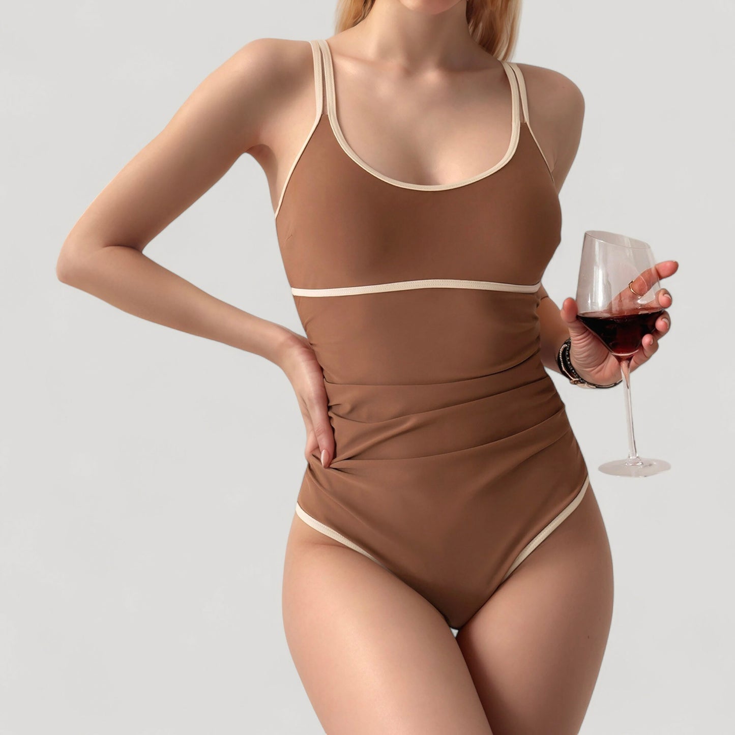 Anna-Kaci Women's One-Piece Swimsuit with Scoop Neck Contrast Trim and Ruched Waist Detail