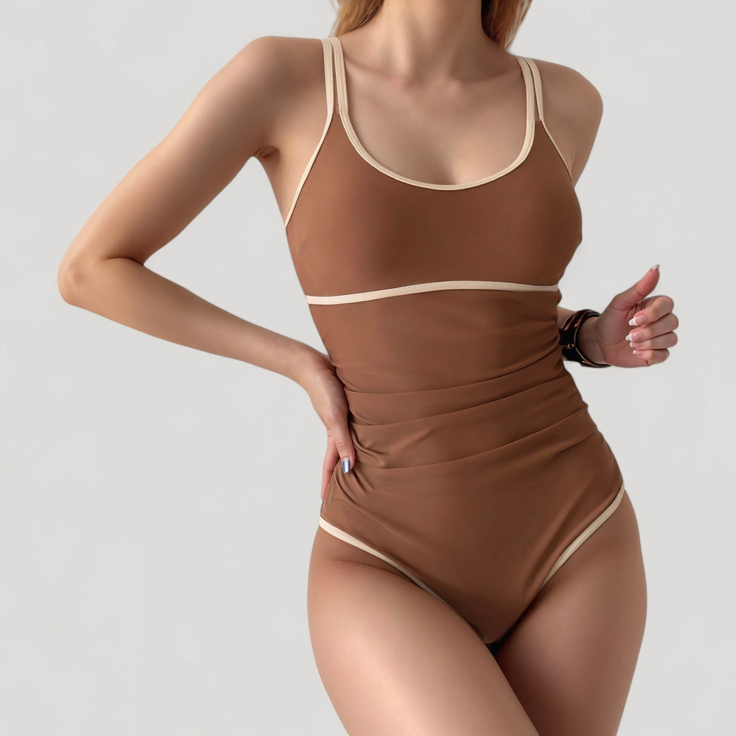 Anna-Kaci Women's One-Piece Swimsuit with Scoop Neck Contrast Trim and Ruched Waist Detail