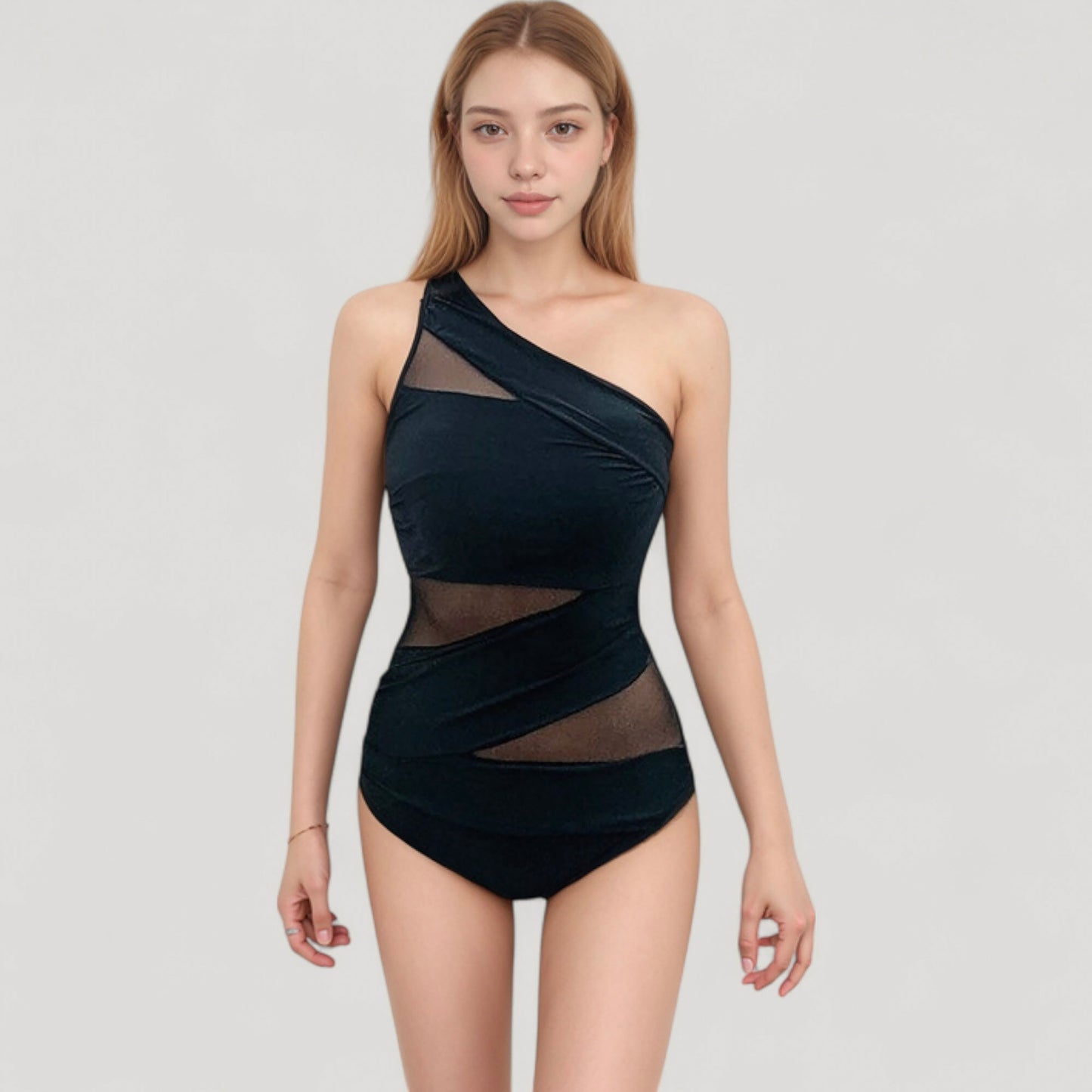 Anna-Kaci Swim Women's One Shoulder One Piece Swimsuit with Sheer Mesh Cutout Panels and Asymmetrical Design