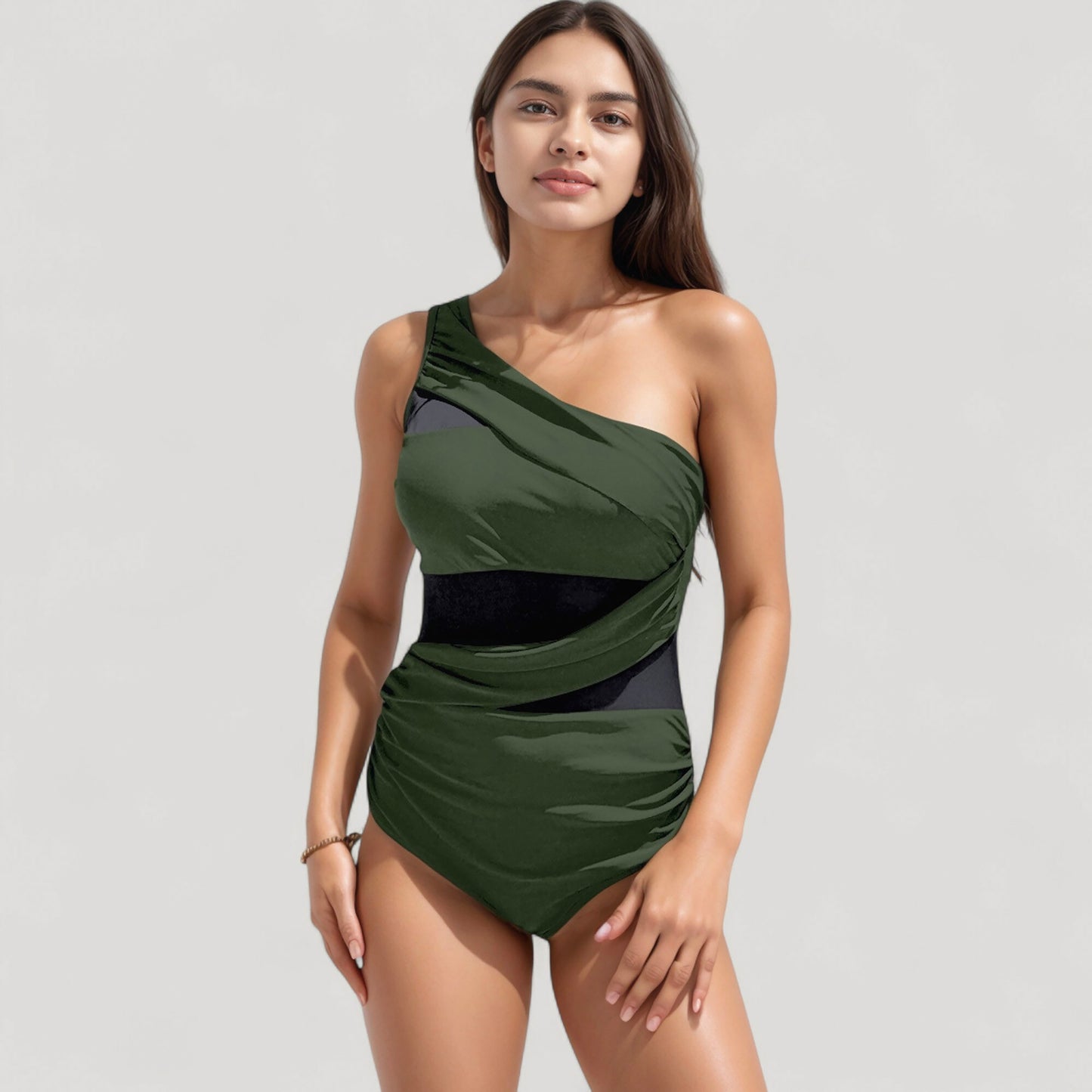 Anna-Kaci Swim Women's One Shoulder One Piece Swimsuit with Sheer Mesh Cutout Panels and Asymmetrical Design
