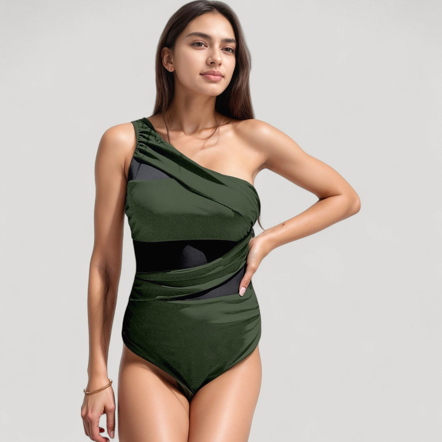 Anna-Kaci Swim Women's One Shoulder One Piece Swimsuit with Sheer Mesh Cutout Panels and Asymmetrical Design