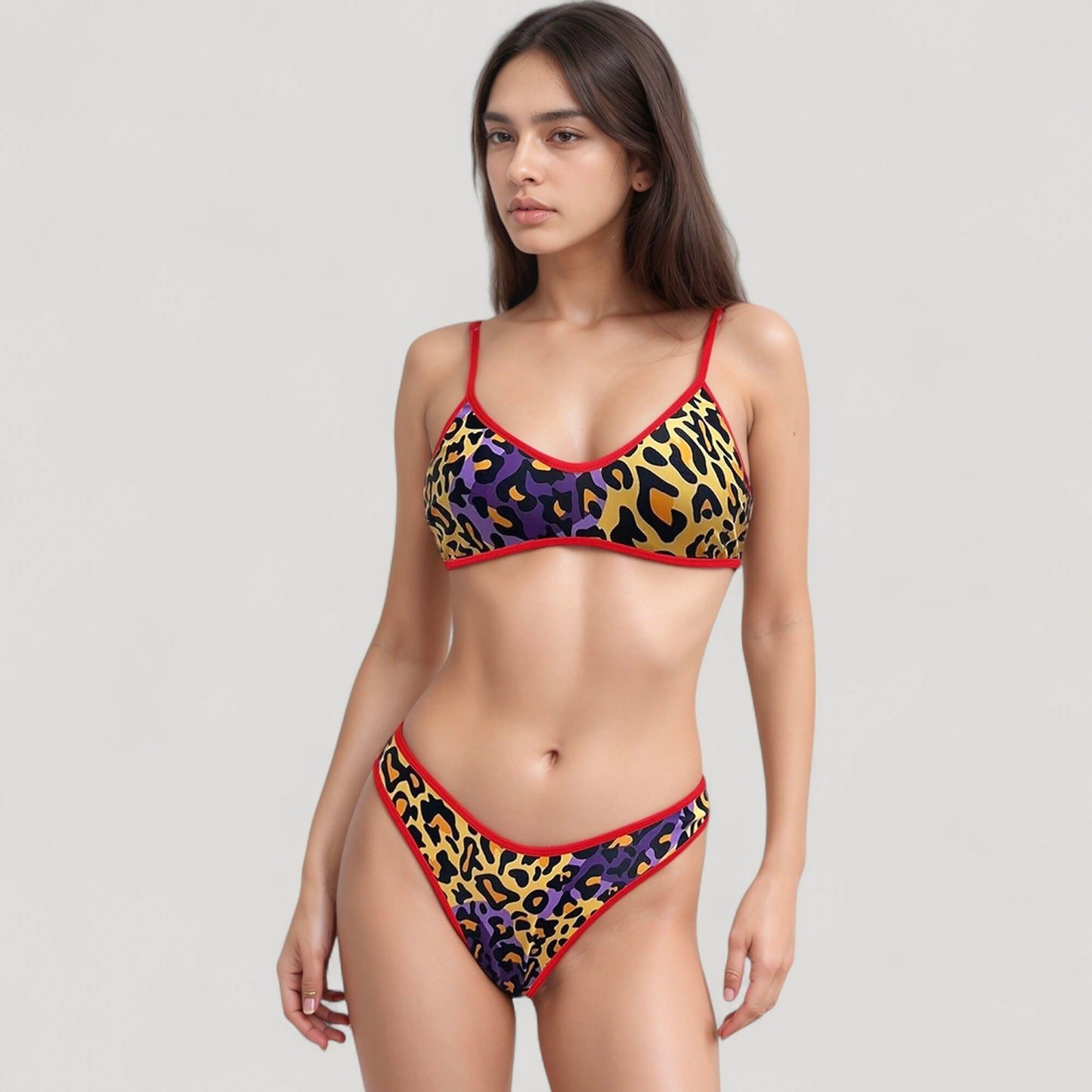 Anna-Kaci Women's Two Piece Bikini Set with Floral Print and Contrast Trim Scoop Neck and High Leg Bottoms