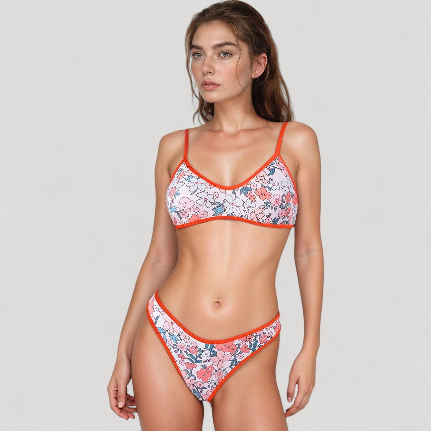 Anna-Kaci Women's Two Piece Bikini Set with Floral Print and Contrast Trim Scoop Neck and High Leg Bottoms