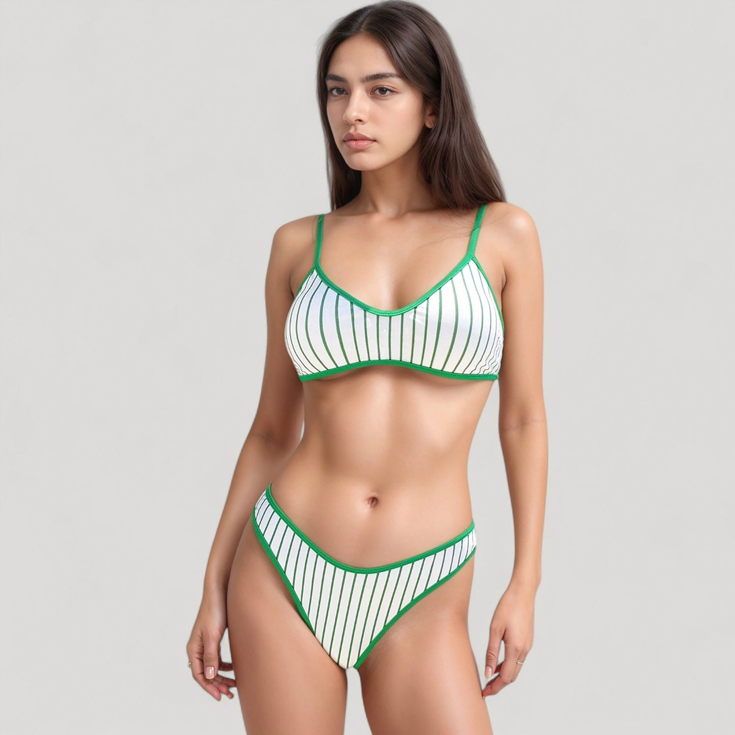 Anna-Kaci Women's Two Piece Bikini Set with Floral Print and Contrast Trim Scoop Neck and High Leg Bottoms