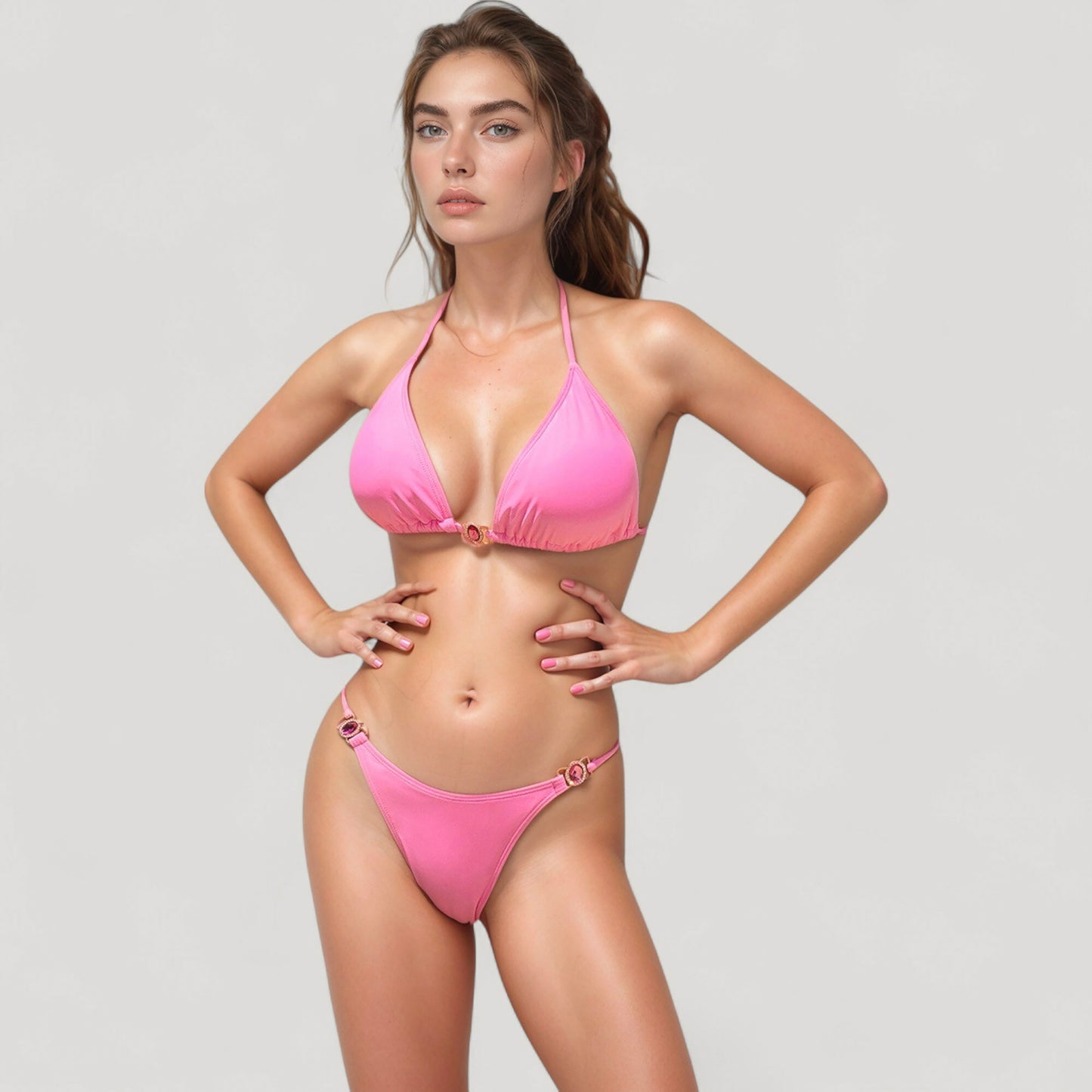 Anna-Kaci Women's Triangle Bikini Top with Jewel Center Ring and Mesh Tie Sarong Cover Up Set