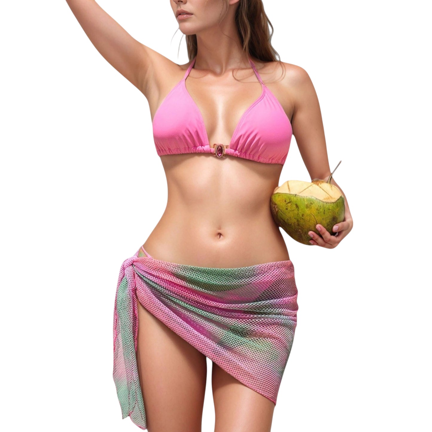 Anna-Kaci Women's Triangle Bikini Top with Jewel Center Ring and Mesh Tie Sarong Cover Up Set