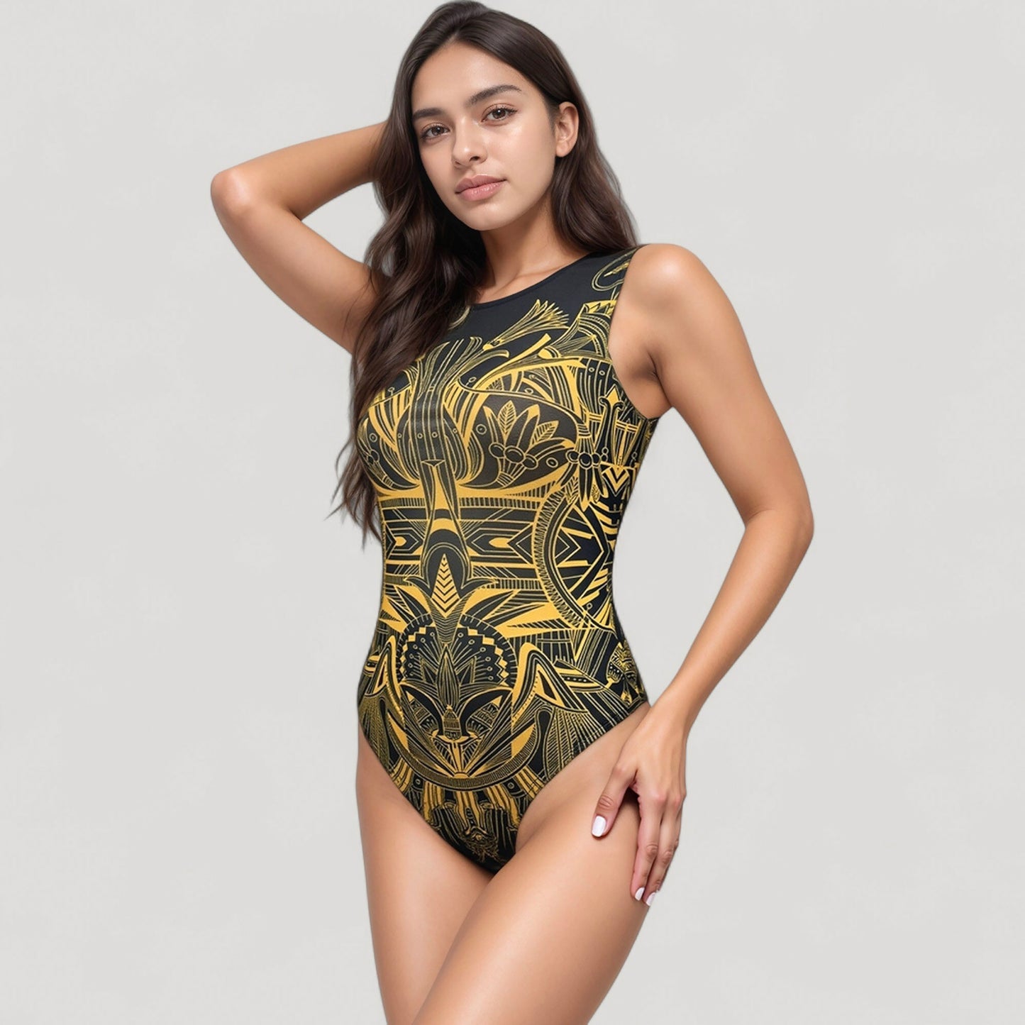 Anna-Kaci Women's Tribal Print One Piece Swimsuit with High Neckline and Sculpting Silhouette