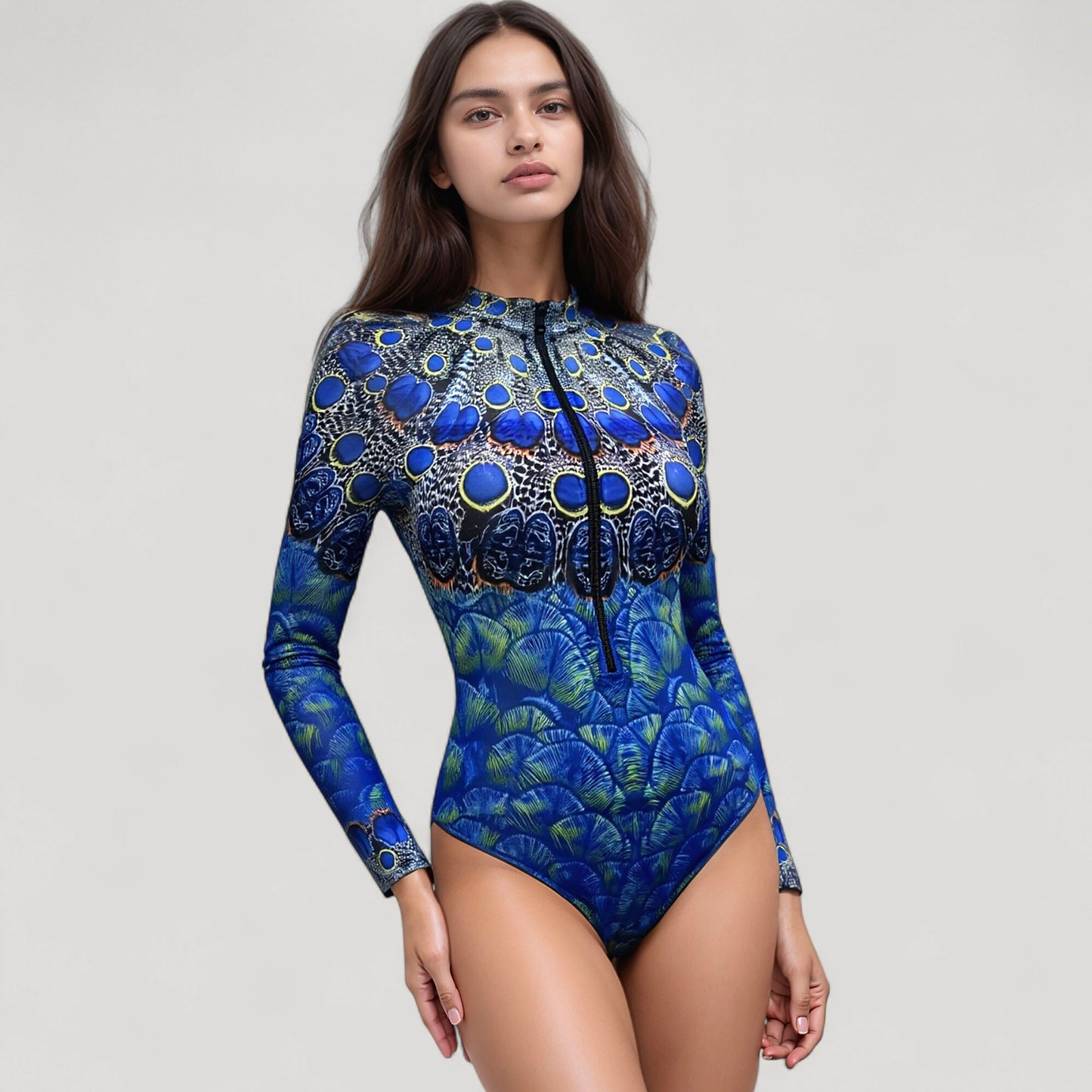 Anna-Kaci Women's Long Sleeve One Piece Swimsuit with High Neck Front Zip and Peacock Feather Print Design