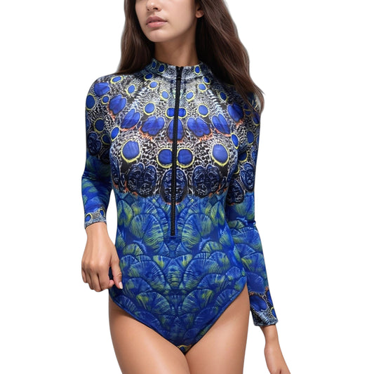 Anna-Kaci Women's Long Sleeve One Piece Swimsuit with High Neck Front Zip and Peacock Feather Print Design