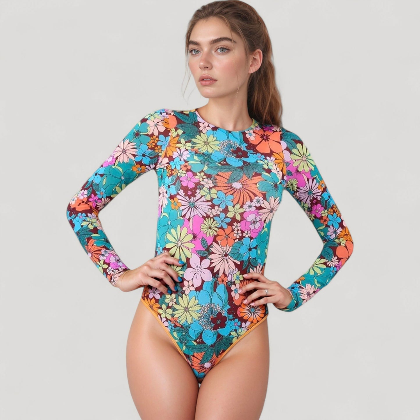 Anna-Kaci Women's Long Sleeve One Piece Swimsuit with Crew Neck and Colorful Retro Floral Print