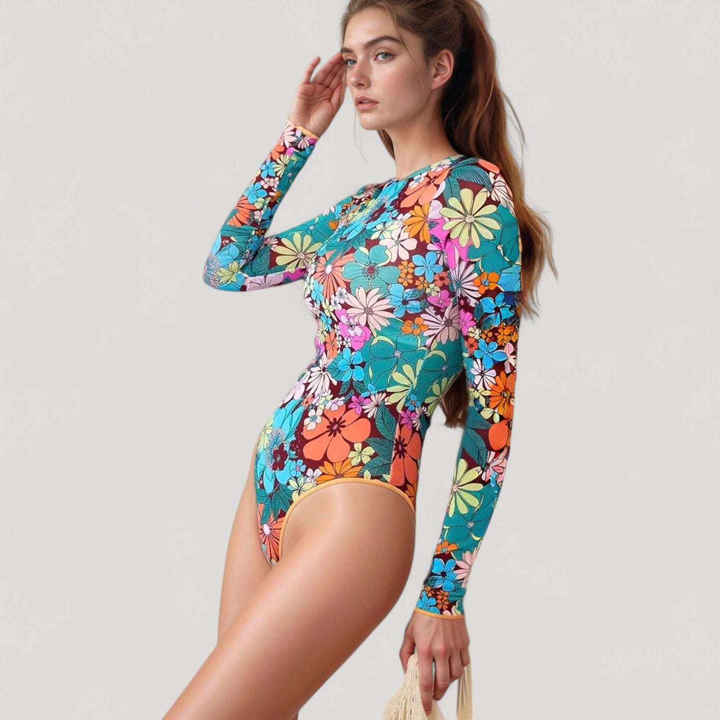 Anna-Kaci Women's Long Sleeve One Piece Swimsuit with Crew Neck and Colorful Retro Floral Print