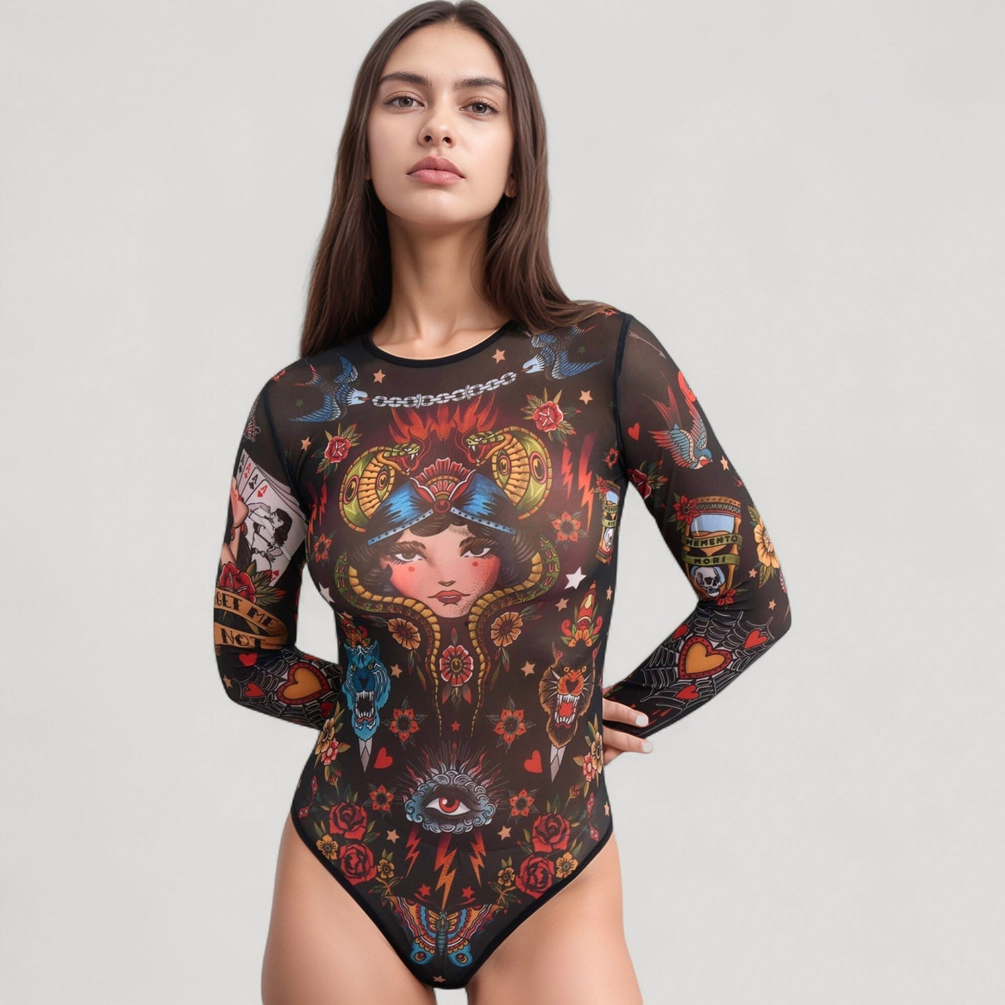 Anna-Kaci Women's Tattoo Print Mesh Long Sleeve Bodysuit with Scoop Neck and Artistic Allover Graphic Design