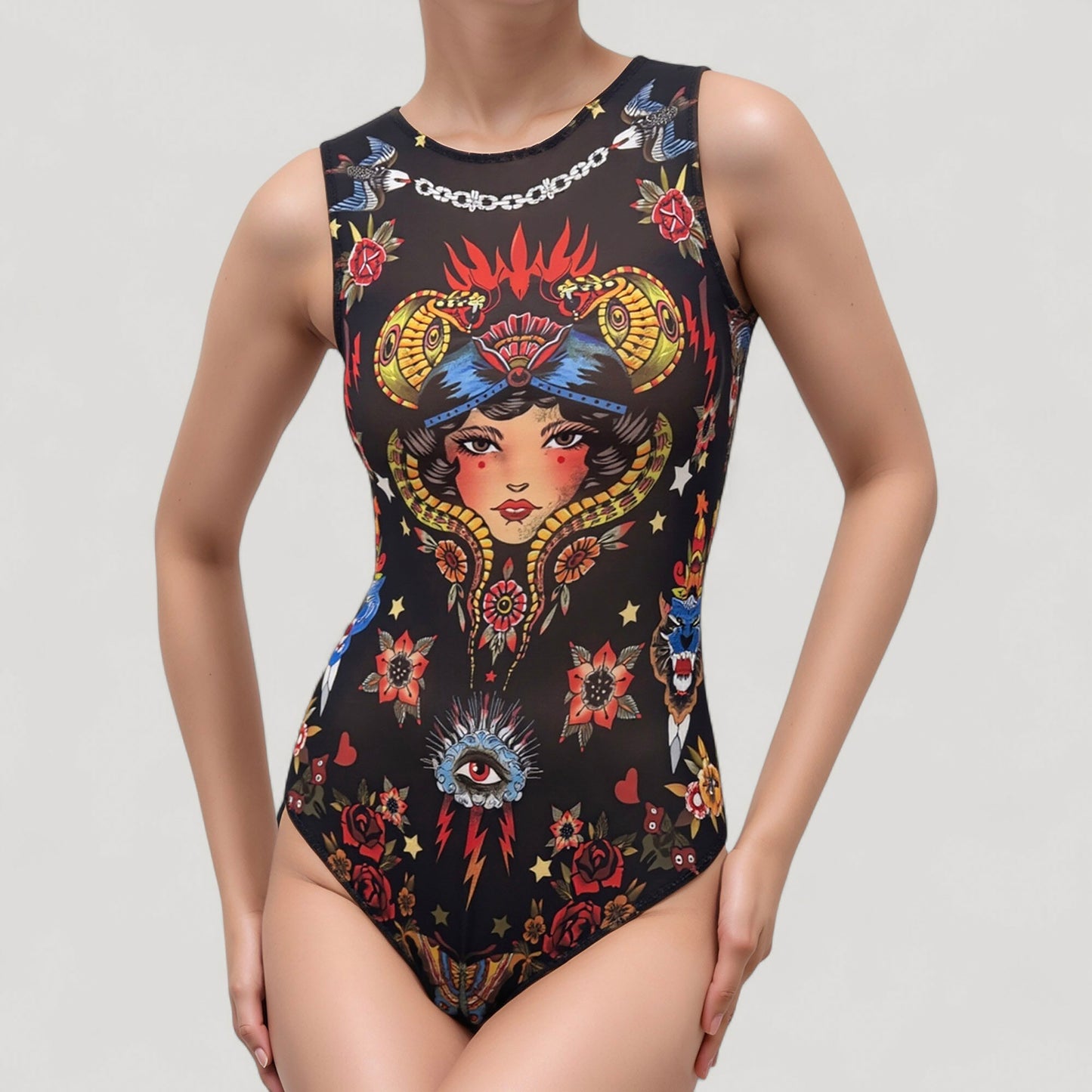 Anna-Kaci Women's Tattoo Print Mesh Long Sleeve Bodysuit with Scoop Neck and Artistic Allover Graphic Design