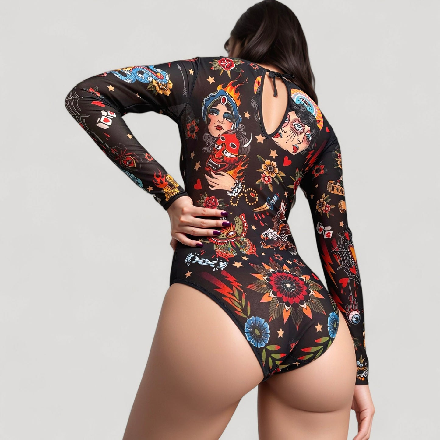 Anna-Kaci Women's Tattoo Print Mesh Long Sleeve Bodysuit with Scoop Neck and Artistic Allover Graphic Design