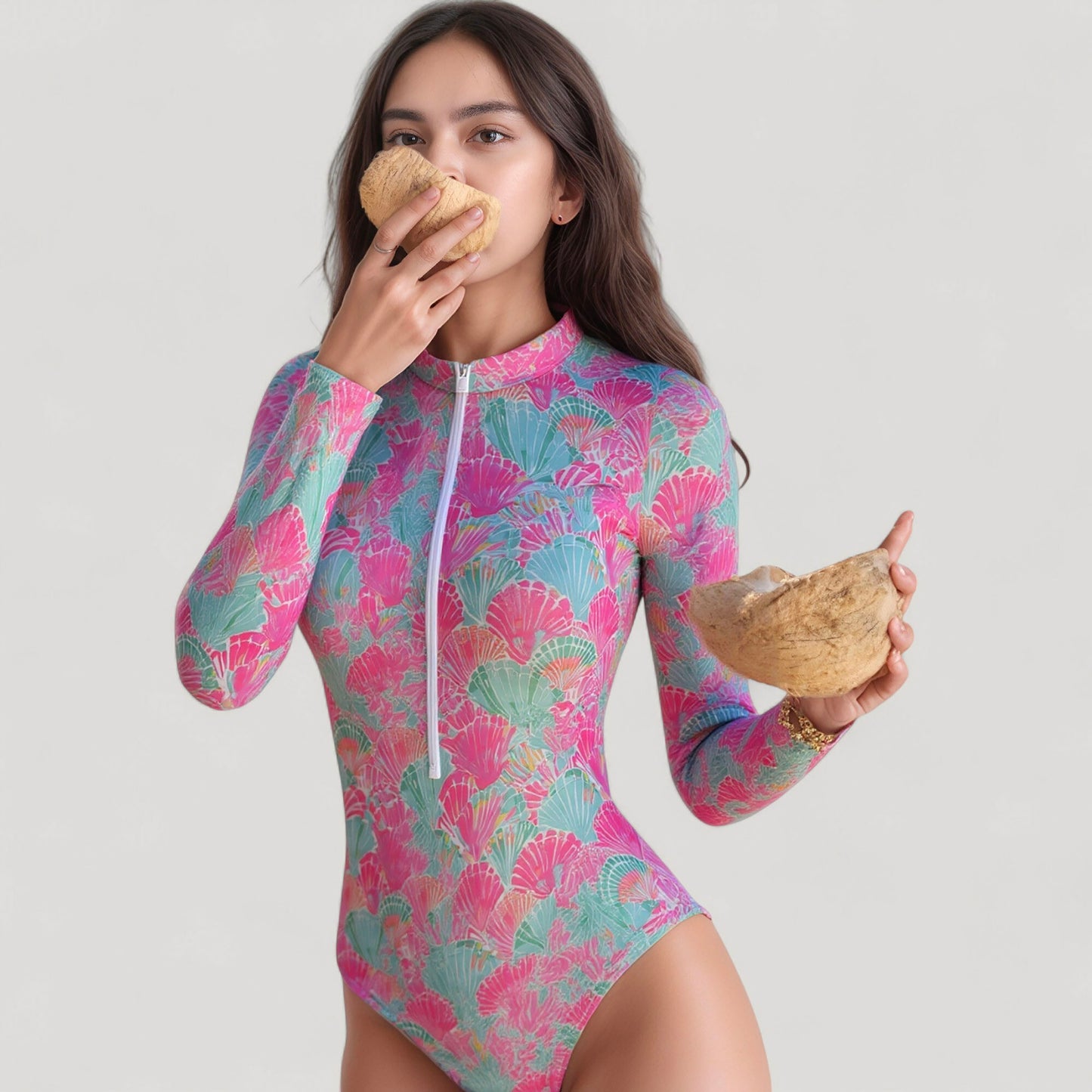 Anna-Kaci Women's Long Sleeve One Piece Swimsuit with Zip Front and Abstract Fan Shell Print