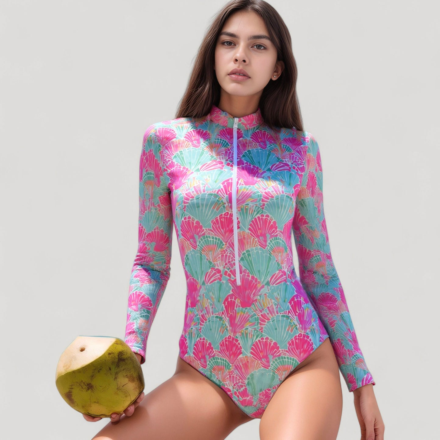 Anna-Kaci Women's Long Sleeve One Piece Swimsuit with Zip Front and Abstract Fan Shell Print