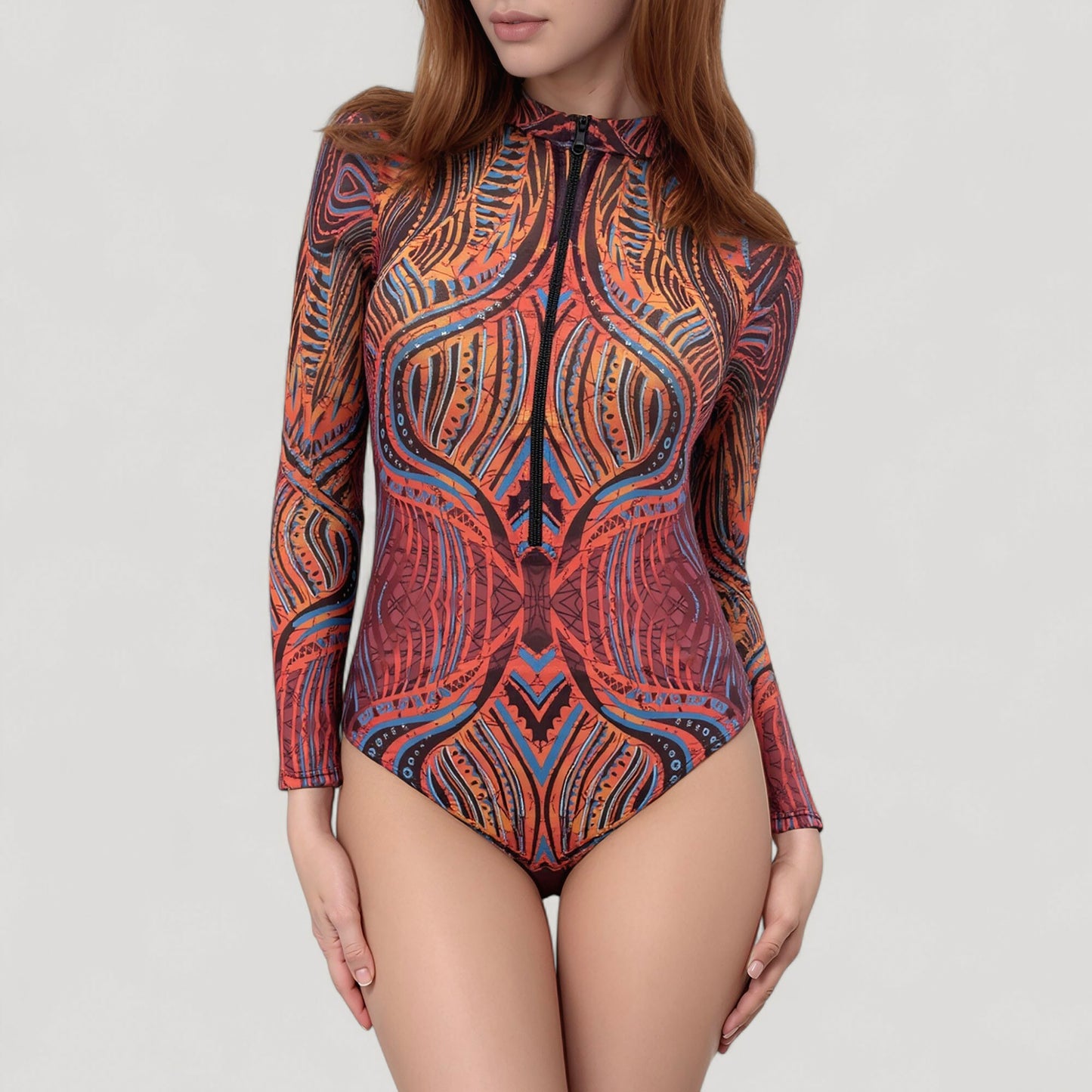 Anna-Kaci Women's Long Sleeve One Piece Swimsuit with Tribal Inspired Print and Front Zipper Detail