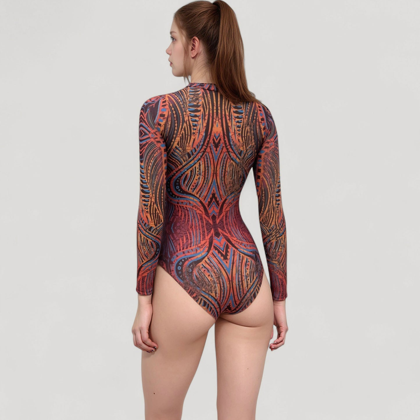 Anna-Kaci Women's Long Sleeve One Piece Swimsuit with Tribal Inspired Print and Front Zipper Detail