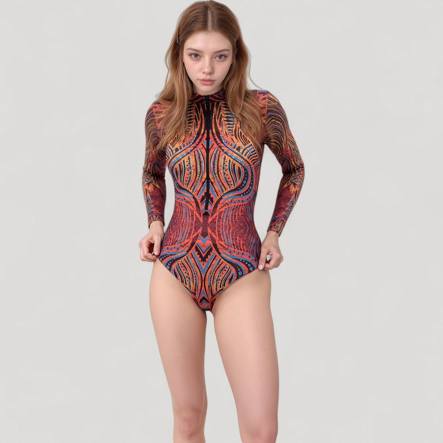 Anna-Kaci Women's Long Sleeve One Piece Swimsuit with Tribal Inspired Print and Front Zipper Detail
