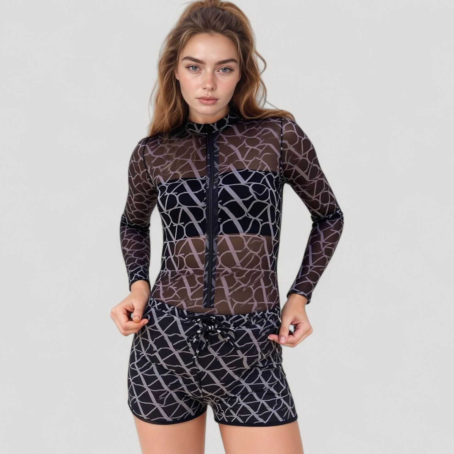 Anna-Kaci Women's Long Sleeve One-Piece Swimsuit with Front Zipper Closure and Sheer Mesh Geometric Print Overlay