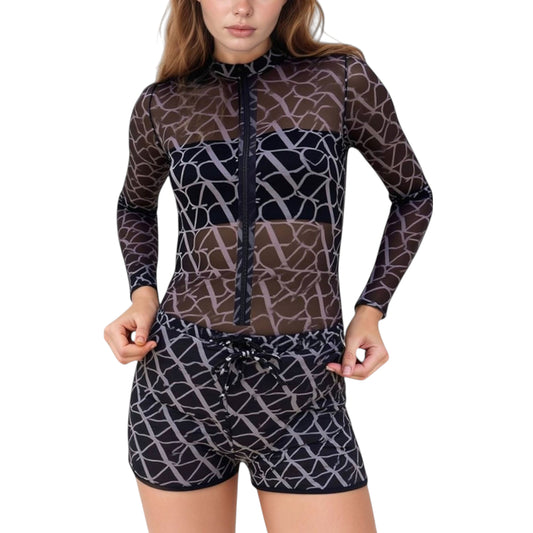 Anna-Kaci Women's Long Sleeve One-Piece Swimsuit with Front Zipper Closure and Sheer Mesh Geometric Print Overlay