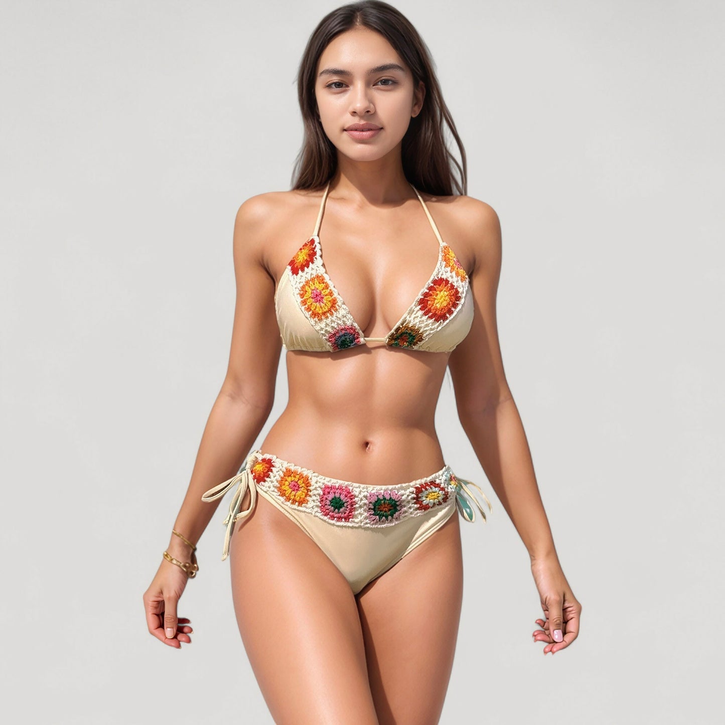 Anna-Kaci Women's Crochet Detail Triangle Bikini Set with Adjustable Ties and Floral Knit Accents