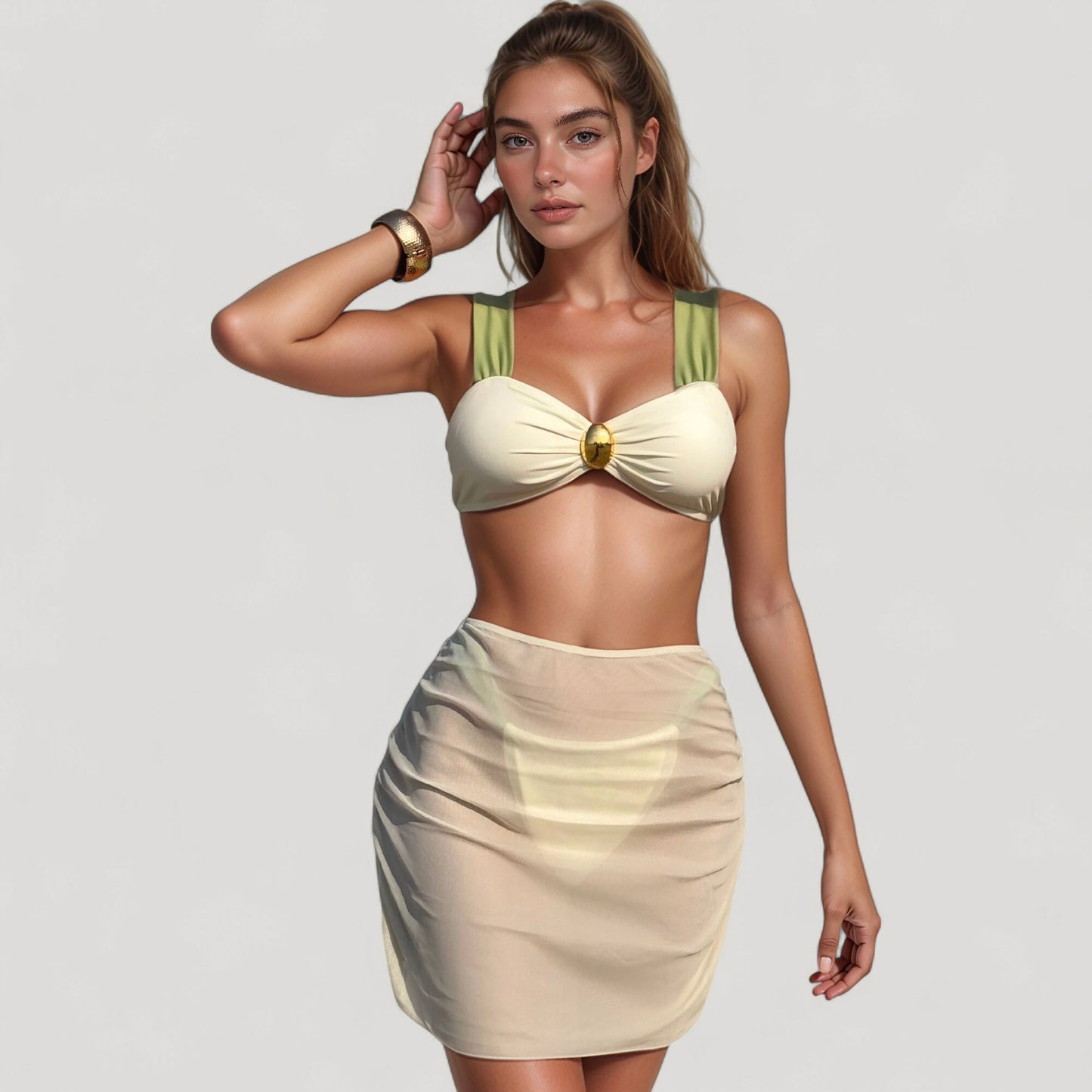 Anna-Kaci Women's Retro Three-Piece Swimsuit Set with Wide Strap Bikini Top Ruched Sheer Skirt and Jewel Accent