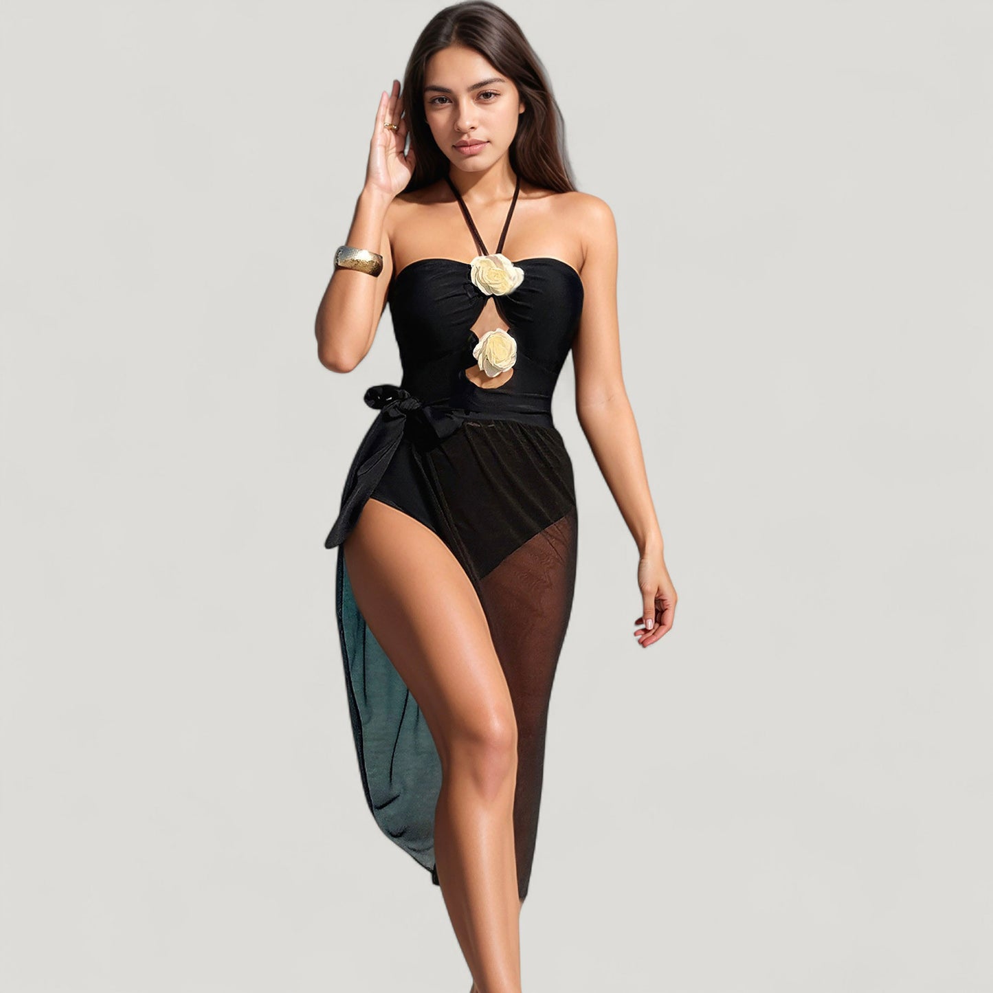 Anna-Kaci Women's Strapless One-Piece Swimsuit with Floral Halter Detail and Mesh High-Slit Wrap Skirt Cover-Up