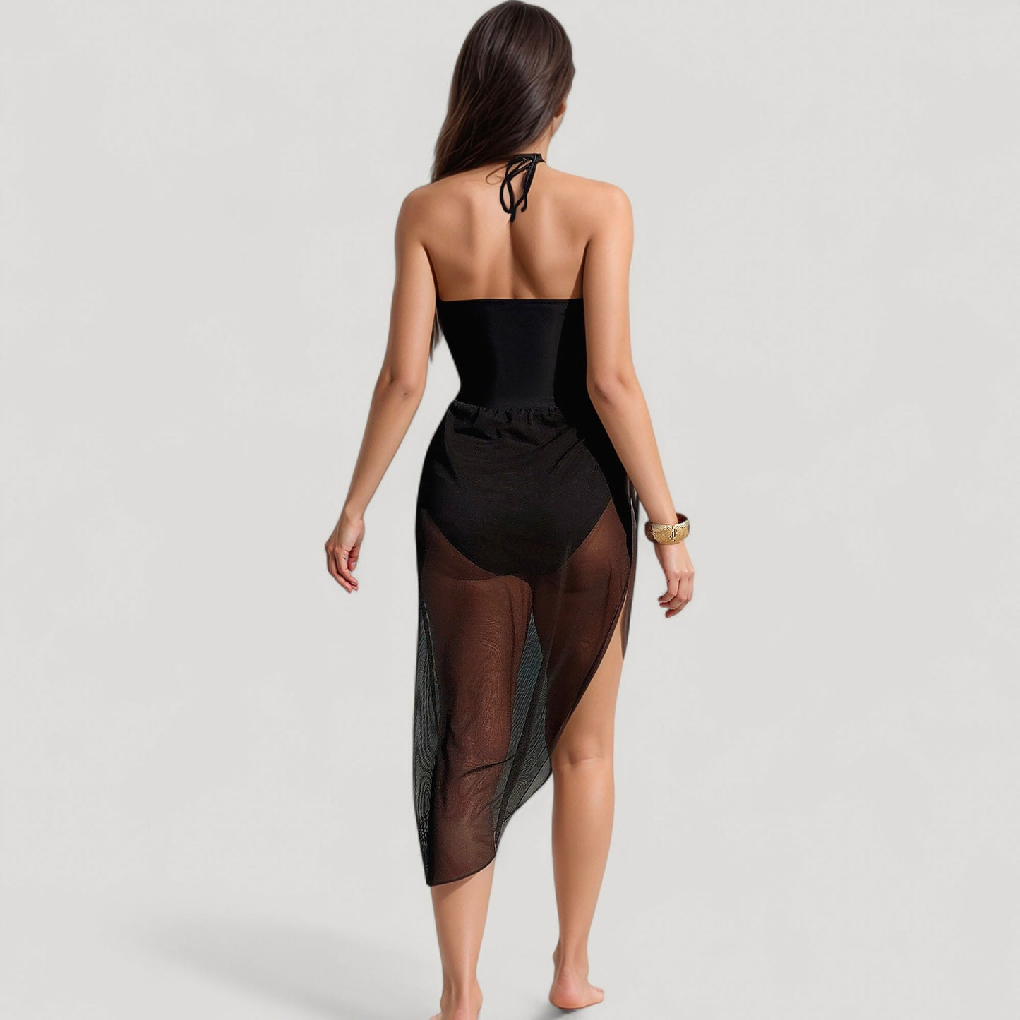 Anna-Kaci Women's Strapless One-Piece Swimsuit with Floral Halter Detail and Mesh High-Slit Wrap Skirt Cover-Up