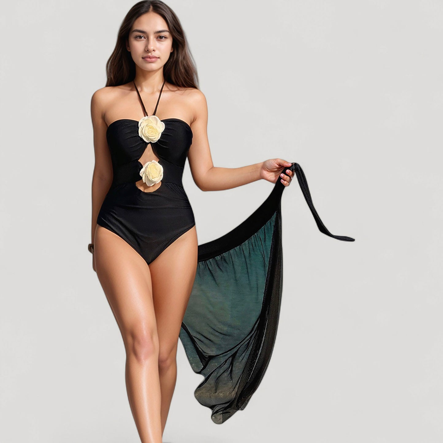Anna-Kaci Women's Strapless One-Piece Swimsuit with Floral Halter Detail and Mesh High-Slit Wrap Skirt Cover-Up