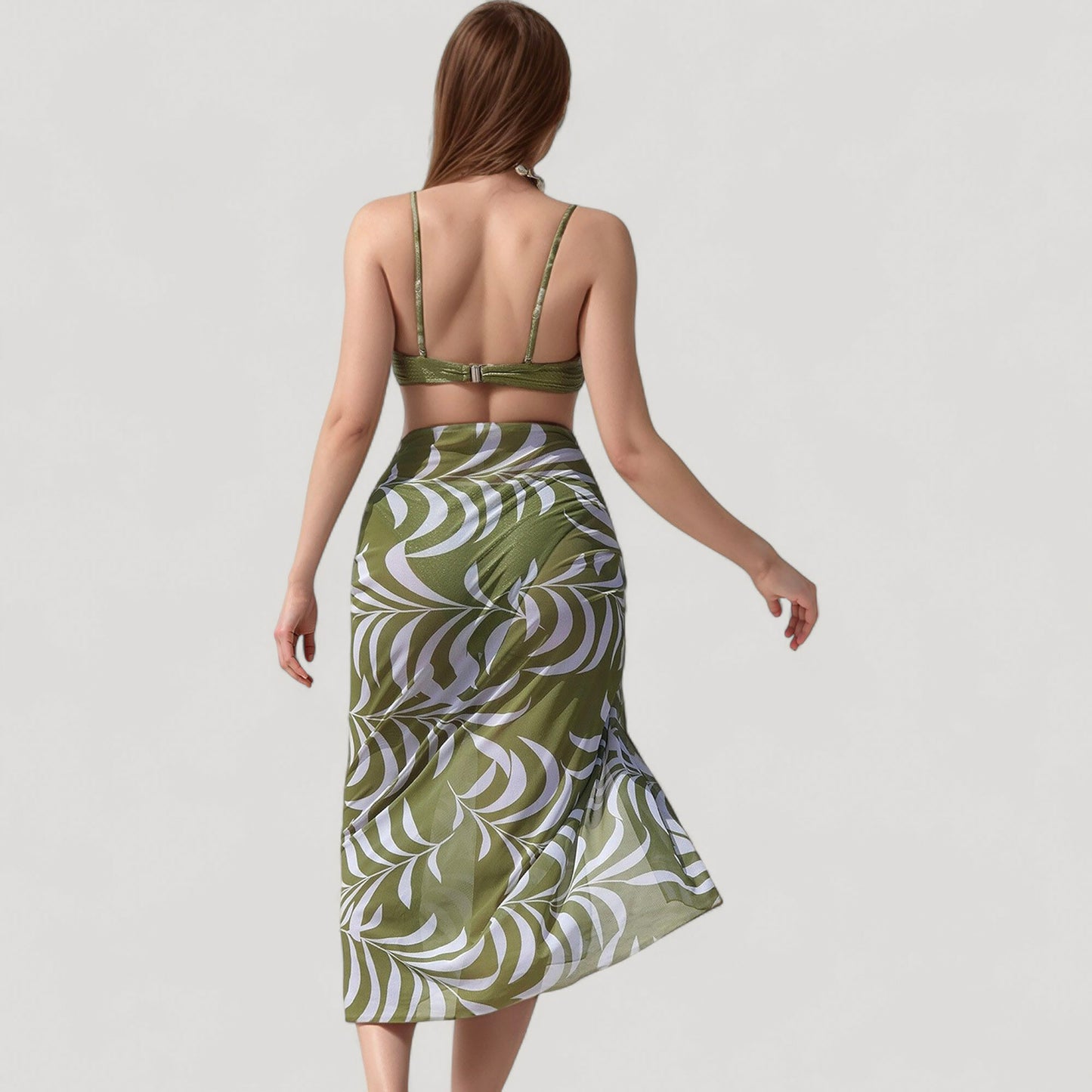 Anna-Kaci Women's Ring Front Bikini Top with Adjustable Straps and Tropical Leaf Print Sarong Cover-Up Skirt