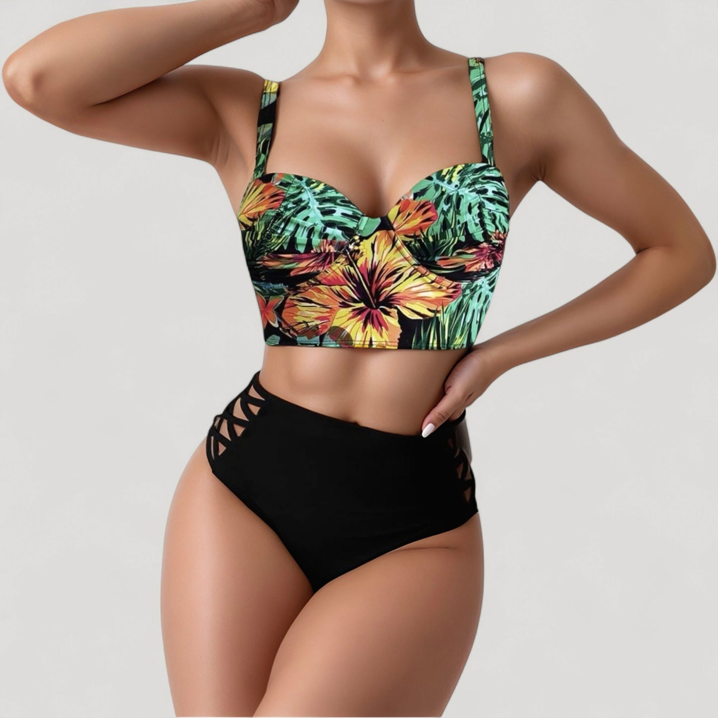 Anna-Kaci Women's Tropical Print Longline Bikini Top with High Waist Bottom and Lattice Side Details