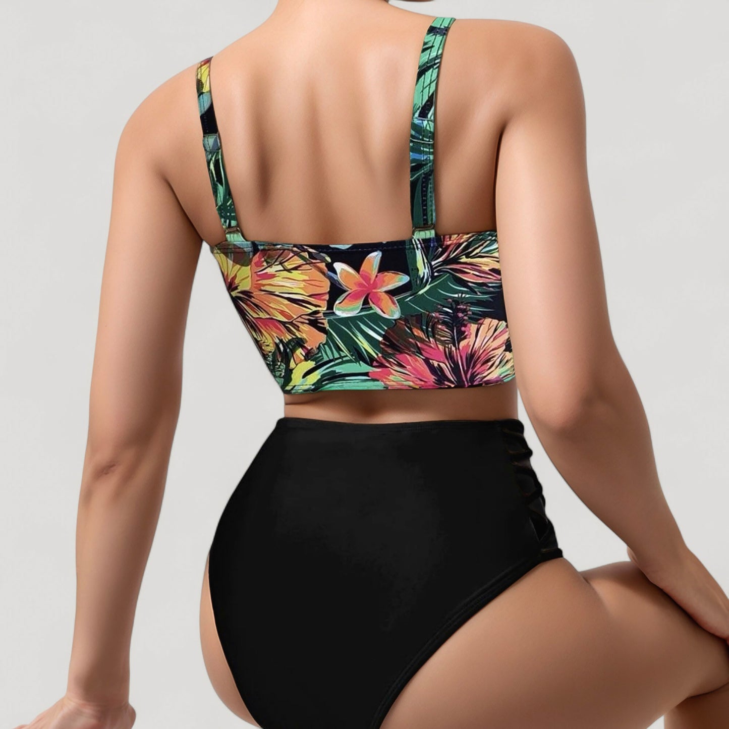 Anna-Kaci Women's Tropical Print Longline Bikini Top with High Waist Bottom and Lattice Side Details
