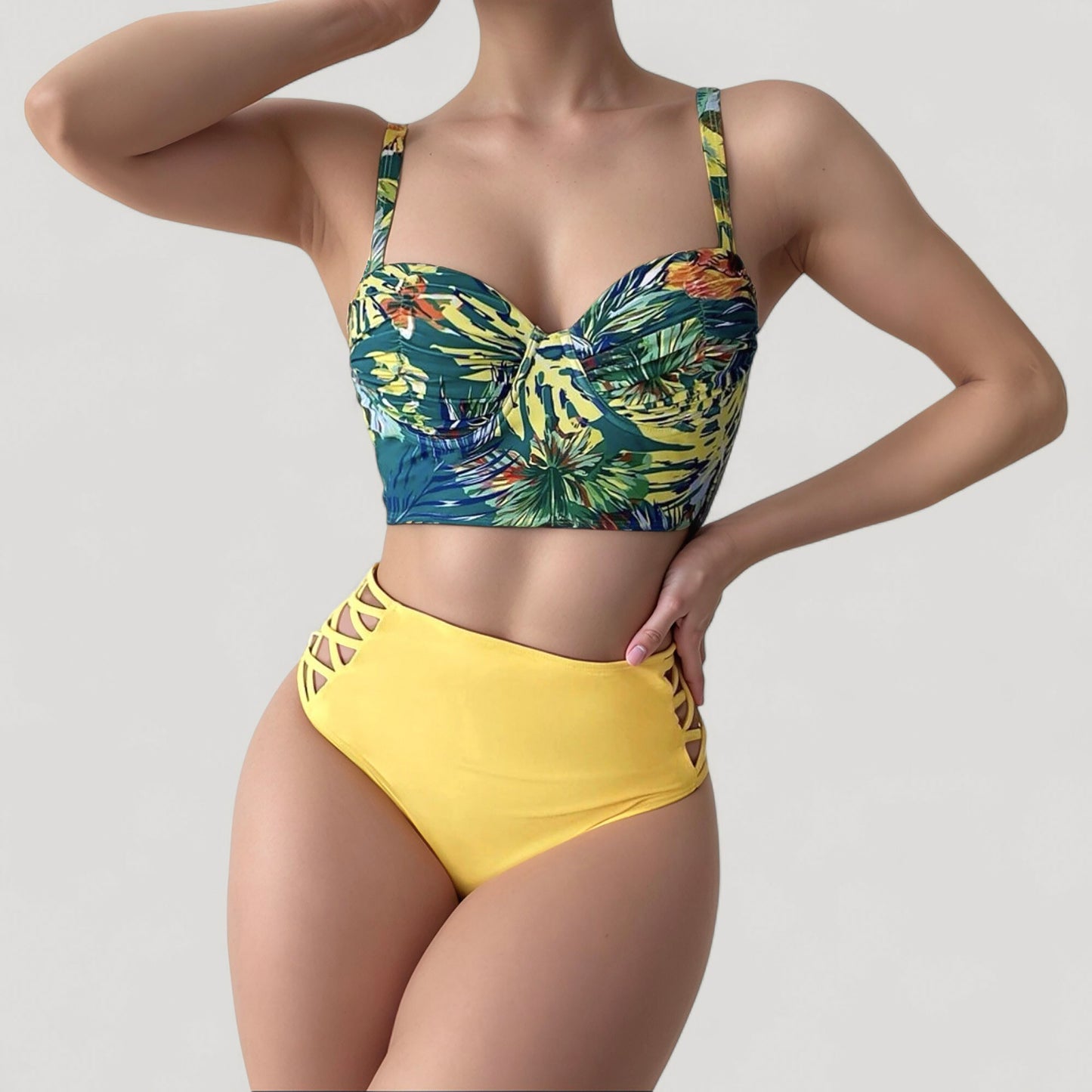 Anna-Kaci Women's Tropical Print Longline Bikini Top with High Waist Bottom and Lattice Side Details