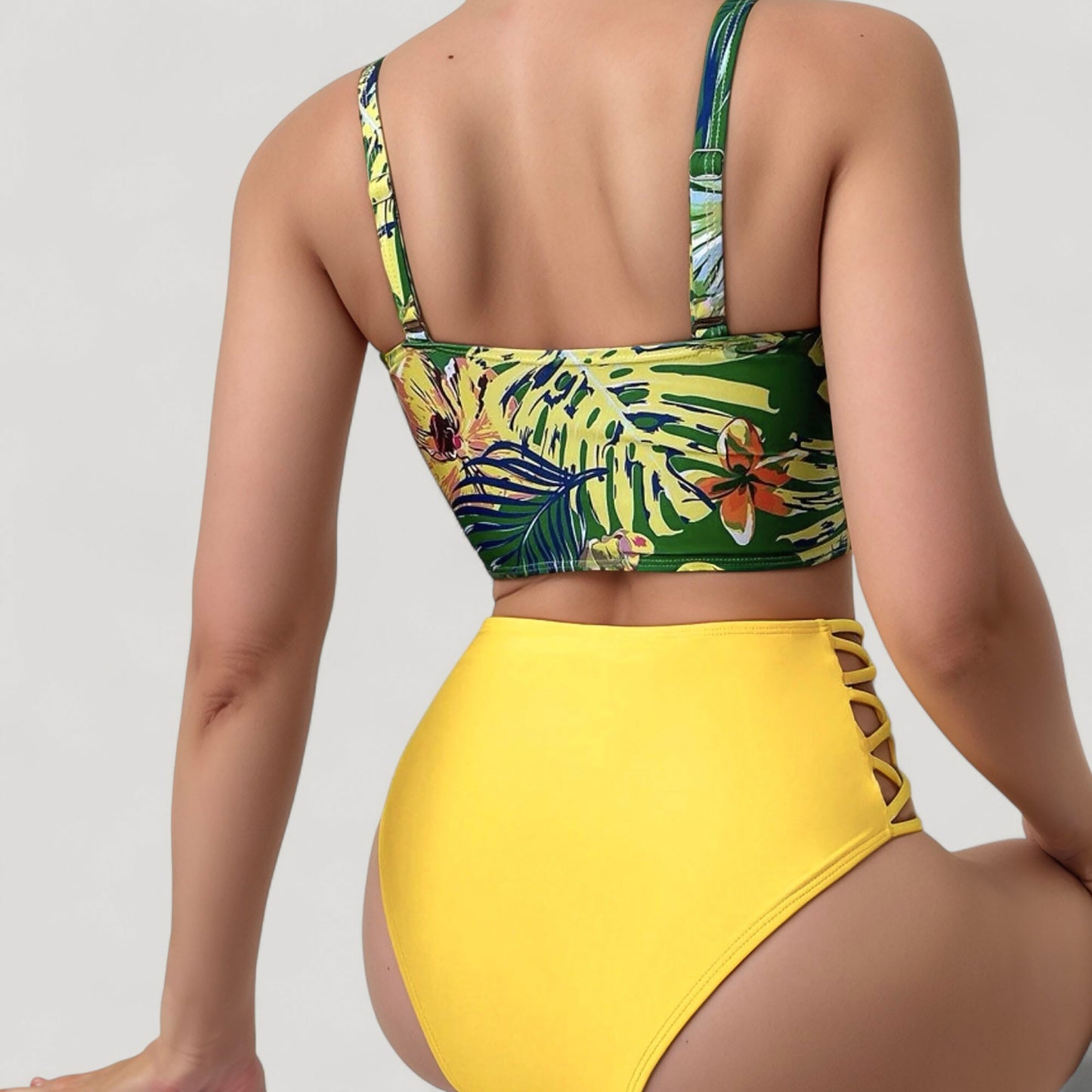 Anna-Kaci Women's Tropical Print Longline Bikini Top with High Waist Bottom and Lattice Side Details