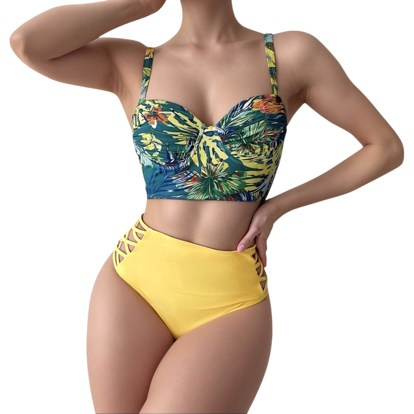 Anna-Kaci Women's Tropical Print Longline Bikini Top with High Waist Bottom and Lattice Side Details