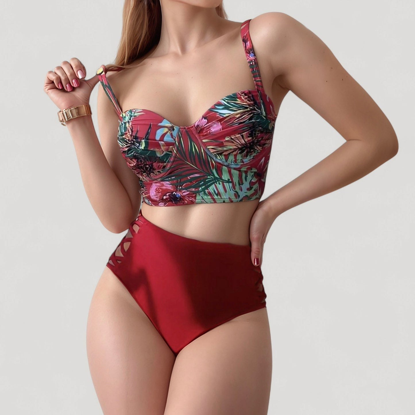 Anna-Kaci Women's Tropical Print Longline Bikini Top with High Waist Bottom and Lattice Side Details