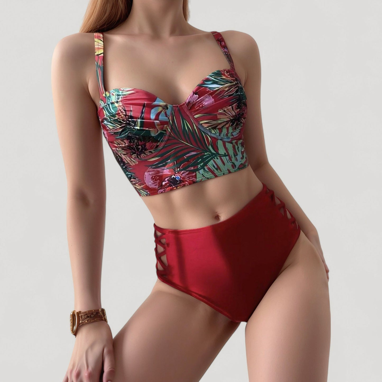 Anna-Kaci Women's Tropical Print Longline Bikini Top with High Waist Bottom and Lattice Side Details