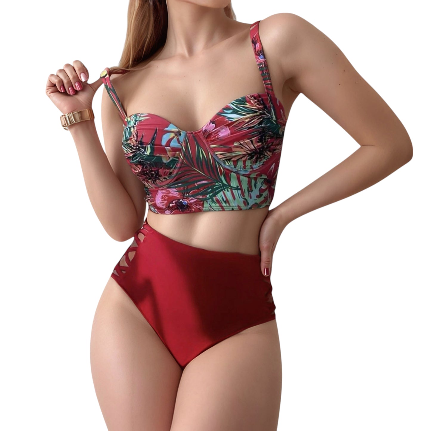 Anna-Kaci Women's Tropical Print Longline Bikini Top with High Waist Bottom and Lattice Side Details